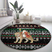 United Arab Emirates Christmas Round Carpet with Santa Riding Cheetah Black Snowflake Pattern and Palm Tree - Shopicos