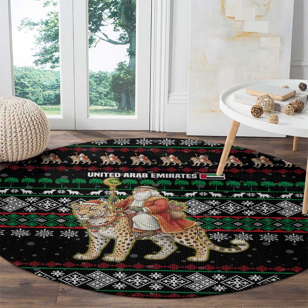 United Arab Emirates Christmas Round Carpet with Santa Riding Cheetah Black Snowflake Pattern and Palm Tree - Shopicos