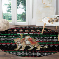 United Arab Emirates Christmas Round Carpet with Santa Riding Cheetah Black Snowflake Pattern and Palm Tree - Shopicos