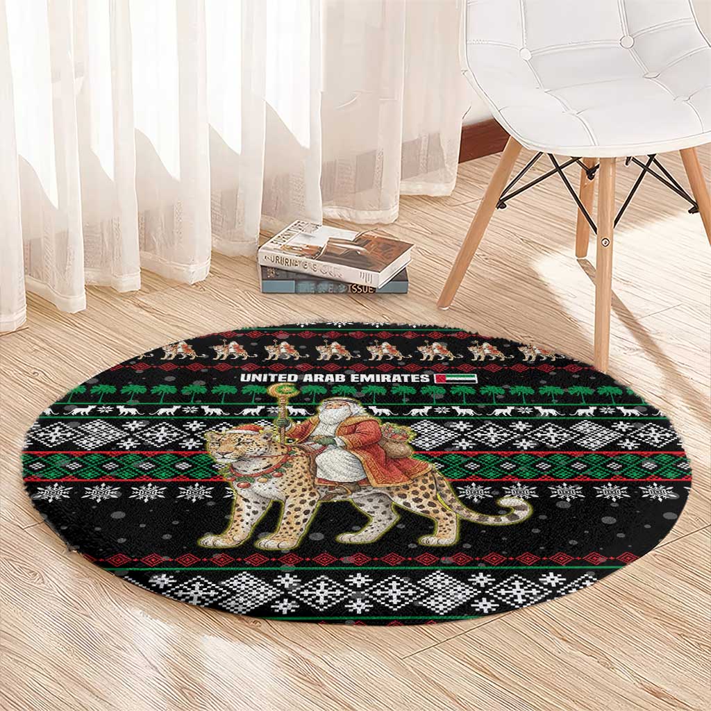 United Arab Emirates Christmas Round Carpet with Santa Riding Cheetah Black Snowflake Pattern and Palm Tree - Shopicos