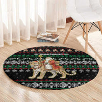 United Arab Emirates Christmas Round Carpet with Santa Riding Cheetah Black Snowflake Pattern and Palm Tree - Shopicos