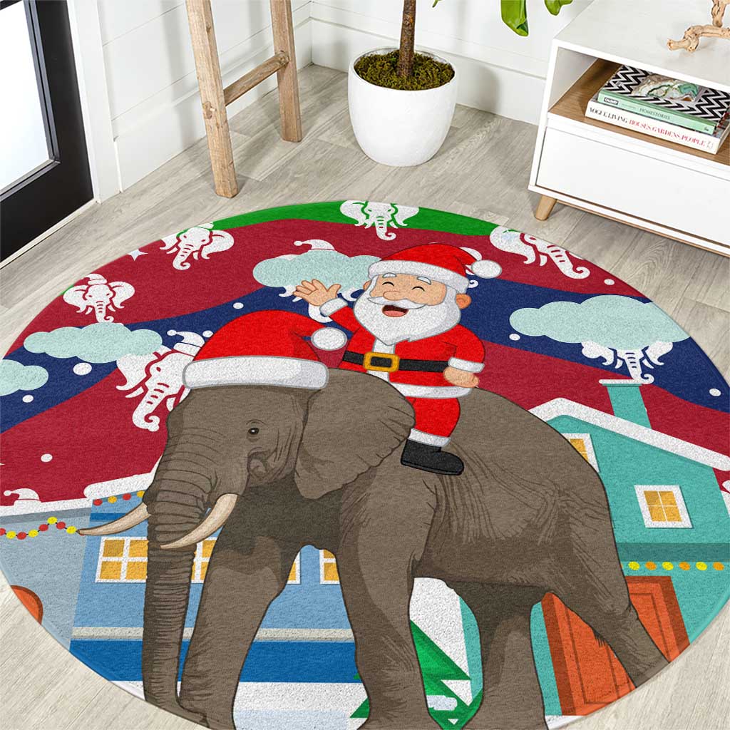 Laos Christmas Round Carpet with Santa Riding Elephant and Festive Flag Pattern - Shopicos