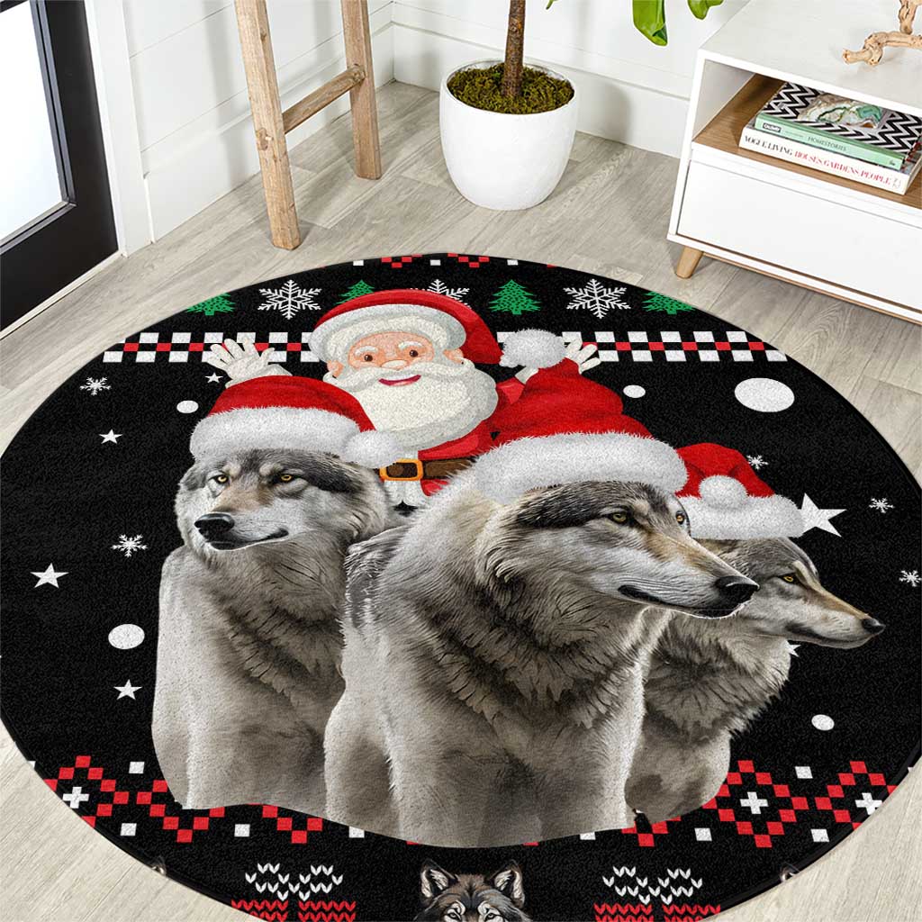 Latvia Christmas Round Carpet with Santa Claus and Wolves in Holiday Pattern Design - Shopicos