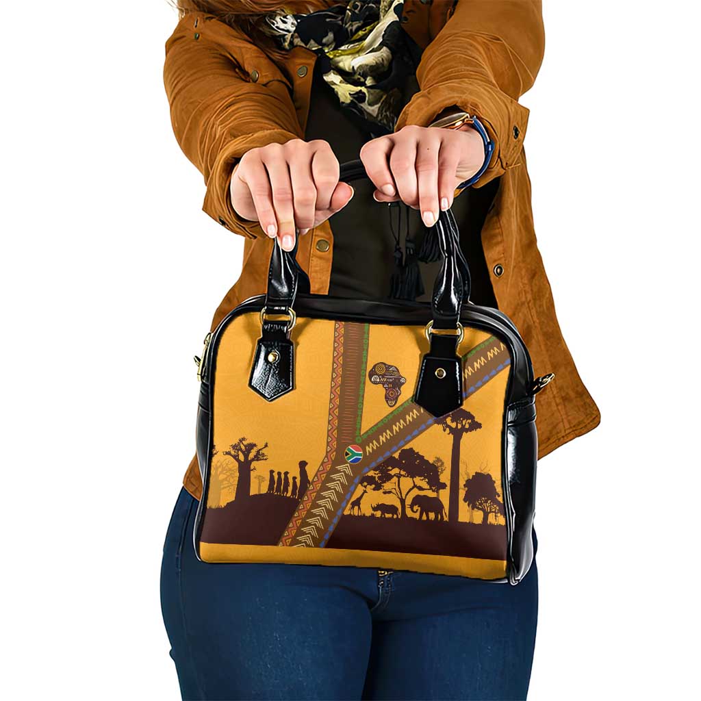Tribal Africa Heritage with South Africa Flag Shoulder Handbag Wildlife Silhouettes in Earthy Yellow and Brown