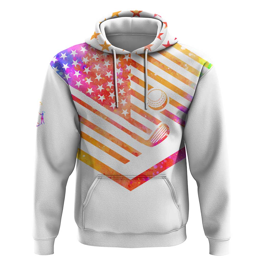 USA Golf Design Hoodie Watercolor Female Silhouette and Orange Gradient Flag and Ball Pattern - Shopicos
