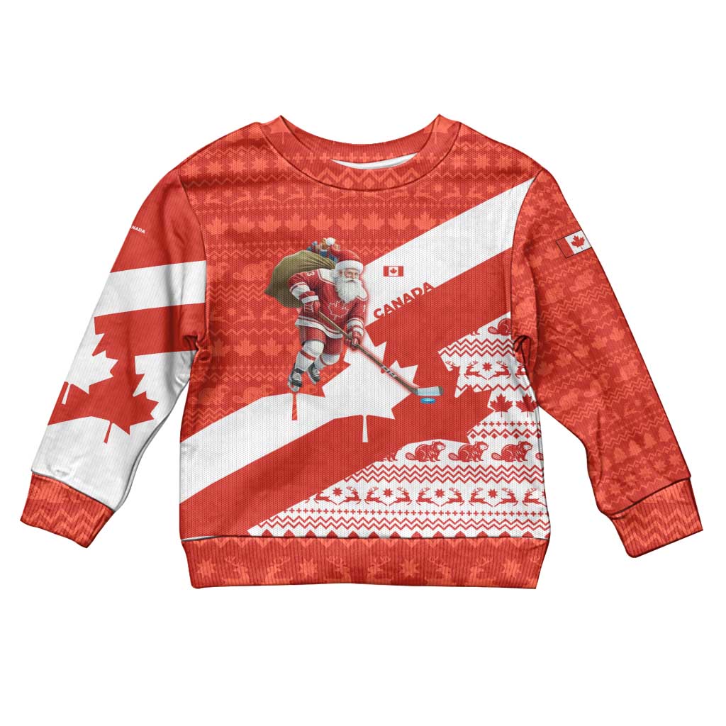 Canada Christmas Kid Ugly Christmas Sweater with Santa Playing Hockey Maple Leaf Flag and Red White Knit Pattern Design - Shopicos
