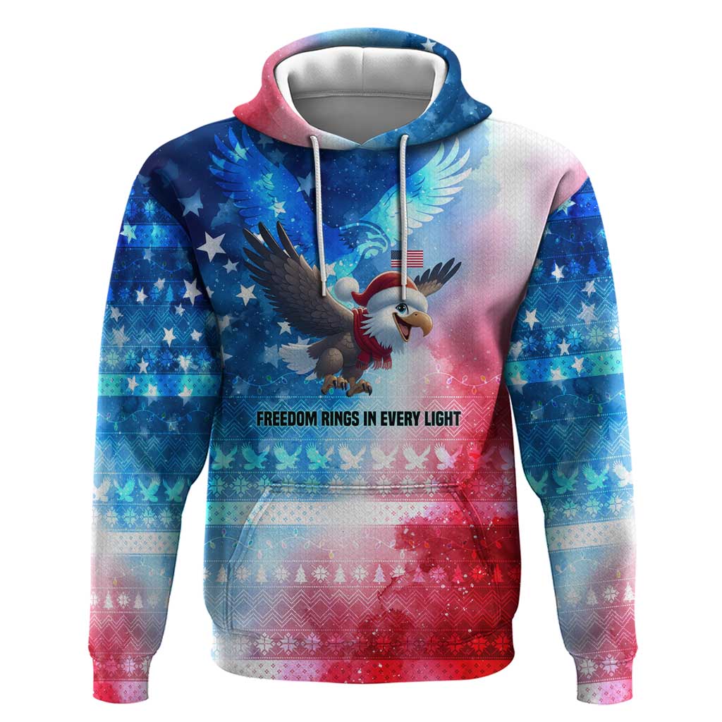 USA Christmas Hoodie with Santa Eagle Red White Blue Snowflake Pattern and American Flag - Shopicos