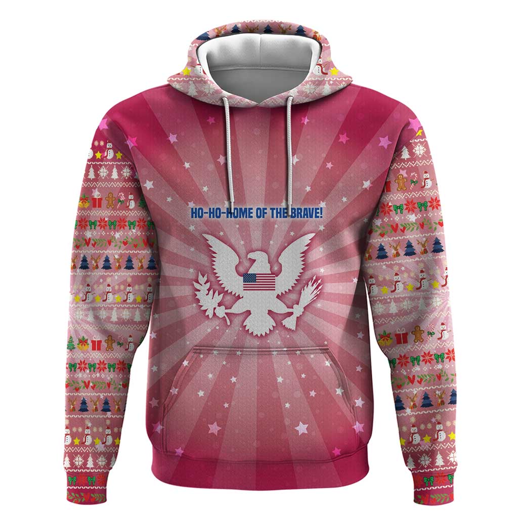 USA Christmas Hoodie with Bald Eagle Seal Pink Starburst Pattern and Festive Holiday Icons - Shopicos