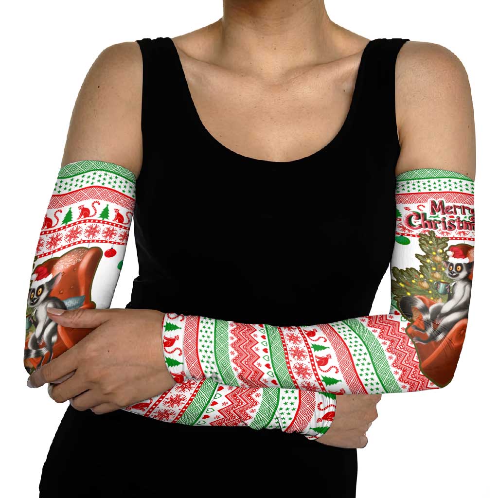 Madagascar Christmas Arm Sleeves with Lemur Santa Hat Holiday Tree and Festive Pattern - Shopicos