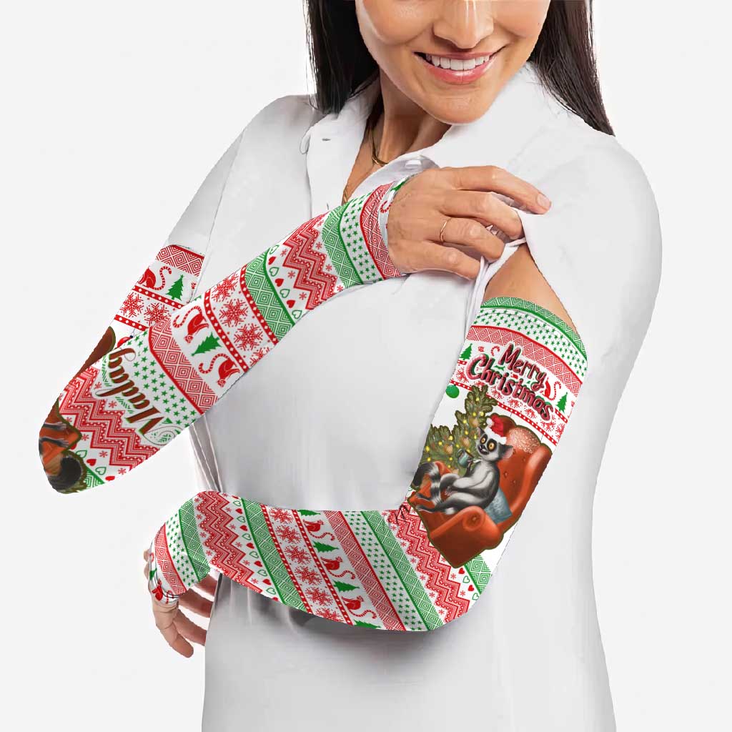 Madagascar Christmas Arm Sleeves with Lemur Santa Hat Holiday Tree and Festive Pattern - Shopicos