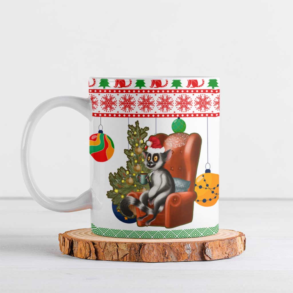 Madagascar Christmas Ceramic Mug with Lemur Santa Hat Holiday Tree and Festive Pattern - Shopicos