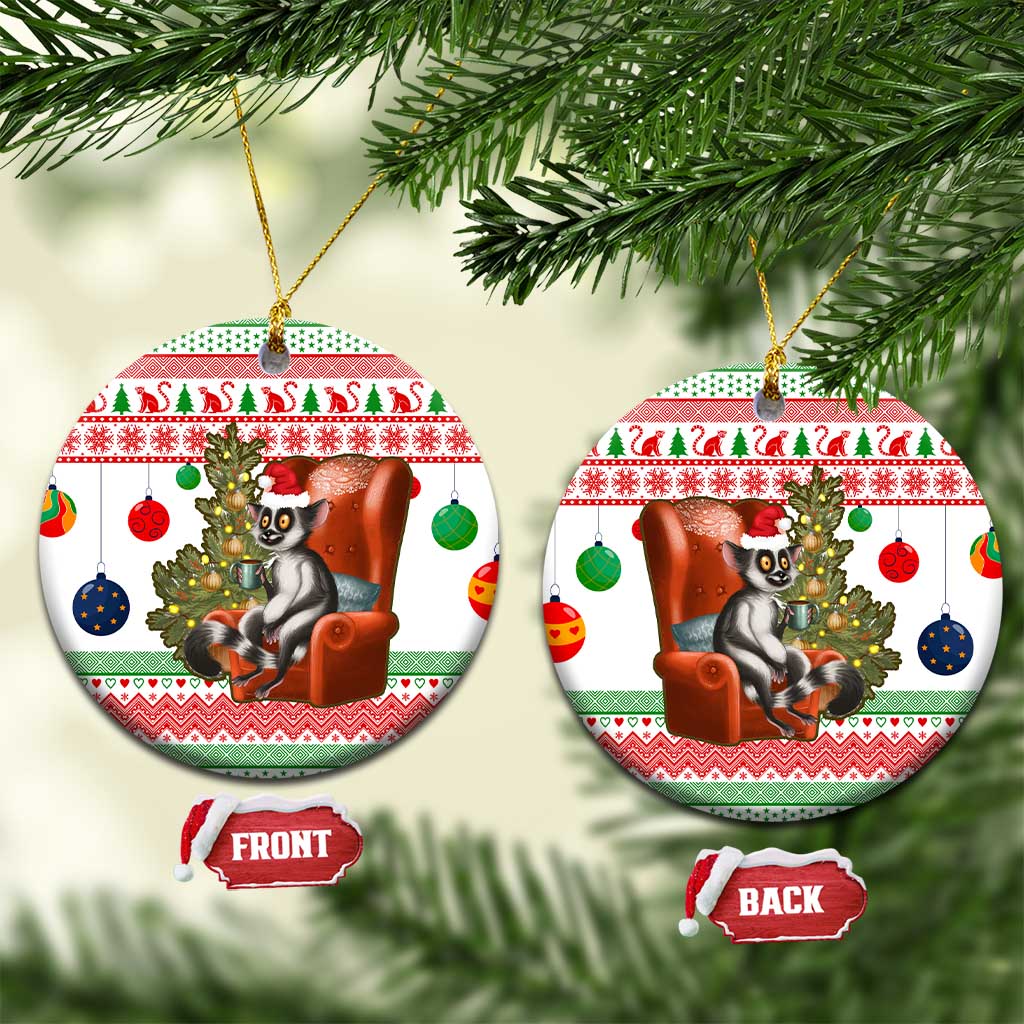 Madagascar Christmas Ceramic Ornament with Lemur Santa Hat Holiday Tree and Festive Pattern - Shopicos