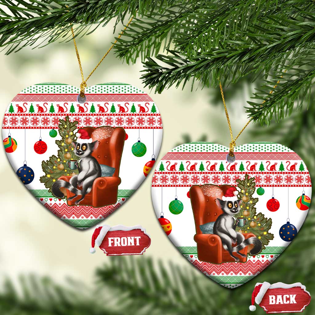 Madagascar Christmas Ceramic Ornament with Lemur Santa Hat Holiday Tree and Festive Pattern - Shopicos