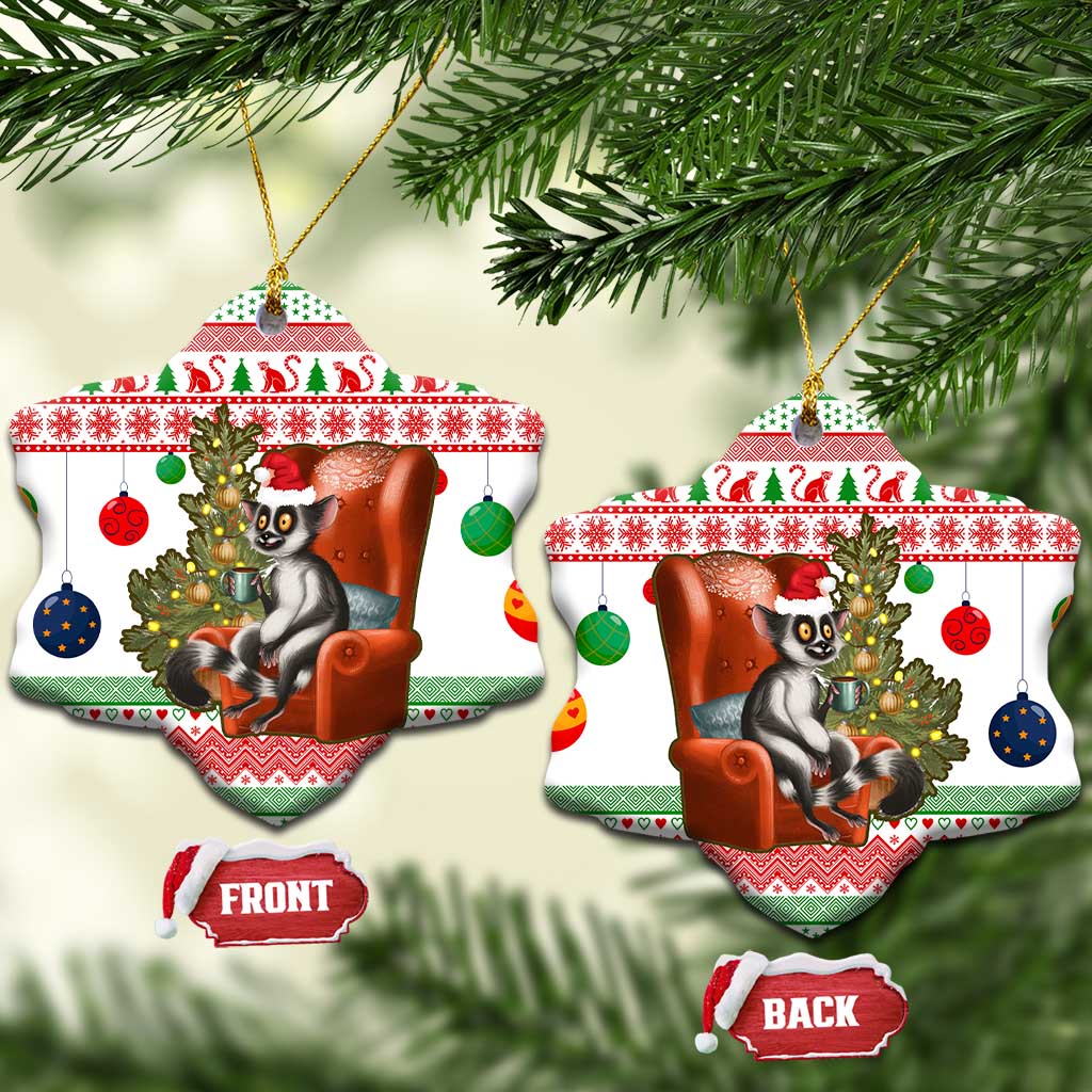 Madagascar Christmas Ceramic Ornament with Lemur Santa Hat Holiday Tree and Festive Pattern - Shopicos