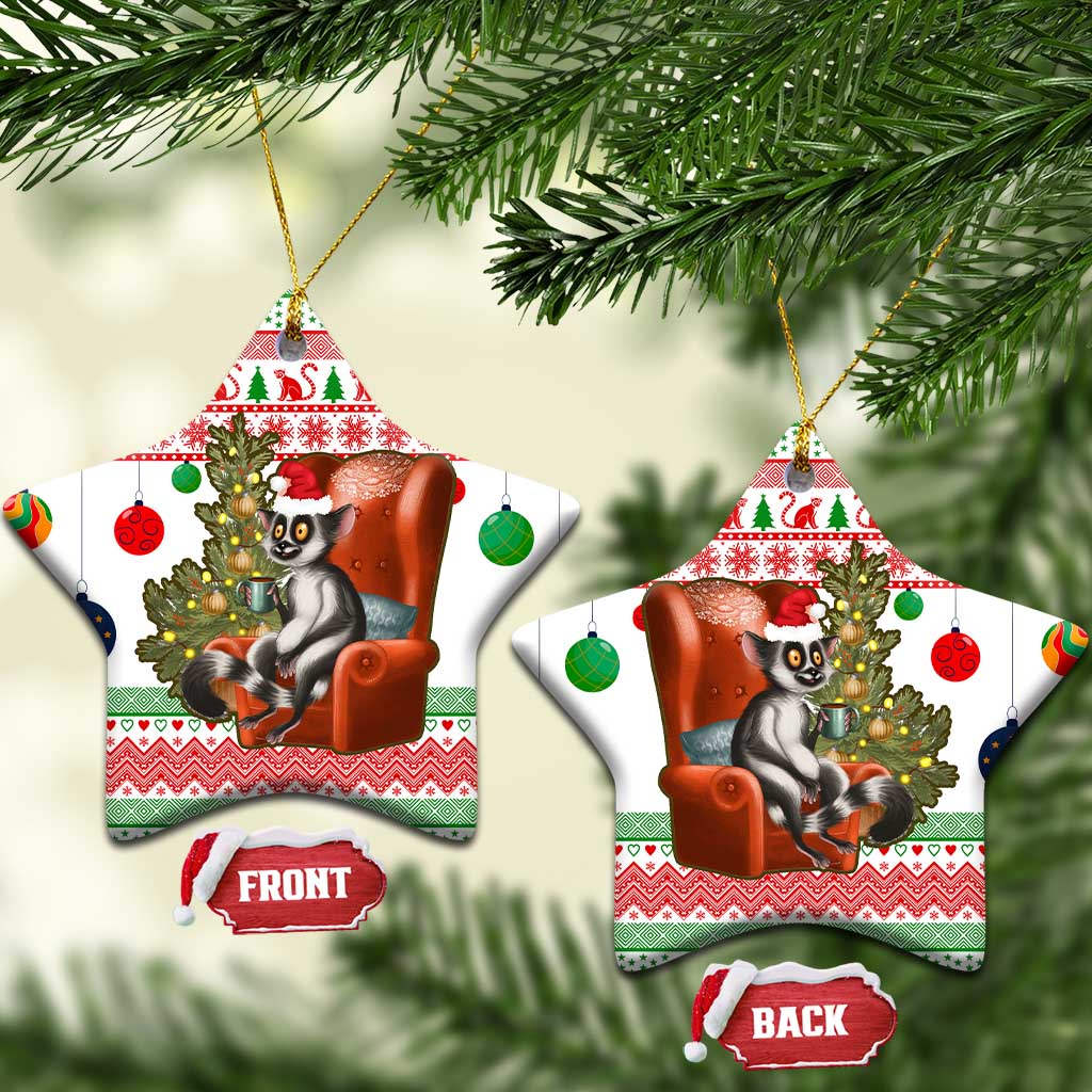 Madagascar Christmas Ceramic Ornament with Lemur Santa Hat Holiday Tree and Festive Pattern - Shopicos