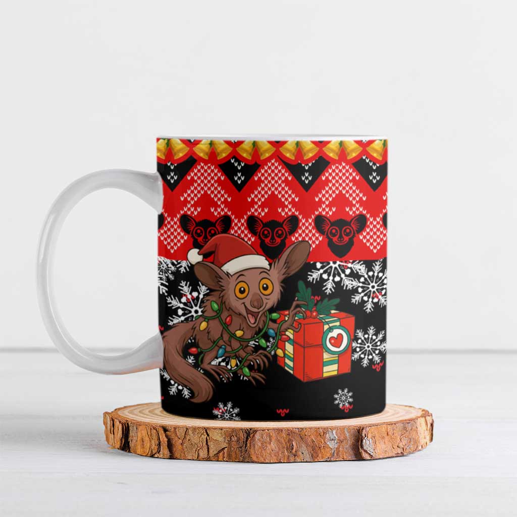 Madagascar Christmas Ceramic Mug with Aye Aye Lemur Santa Hat Holiday Lights and Gift Box Pattern - Shopicos