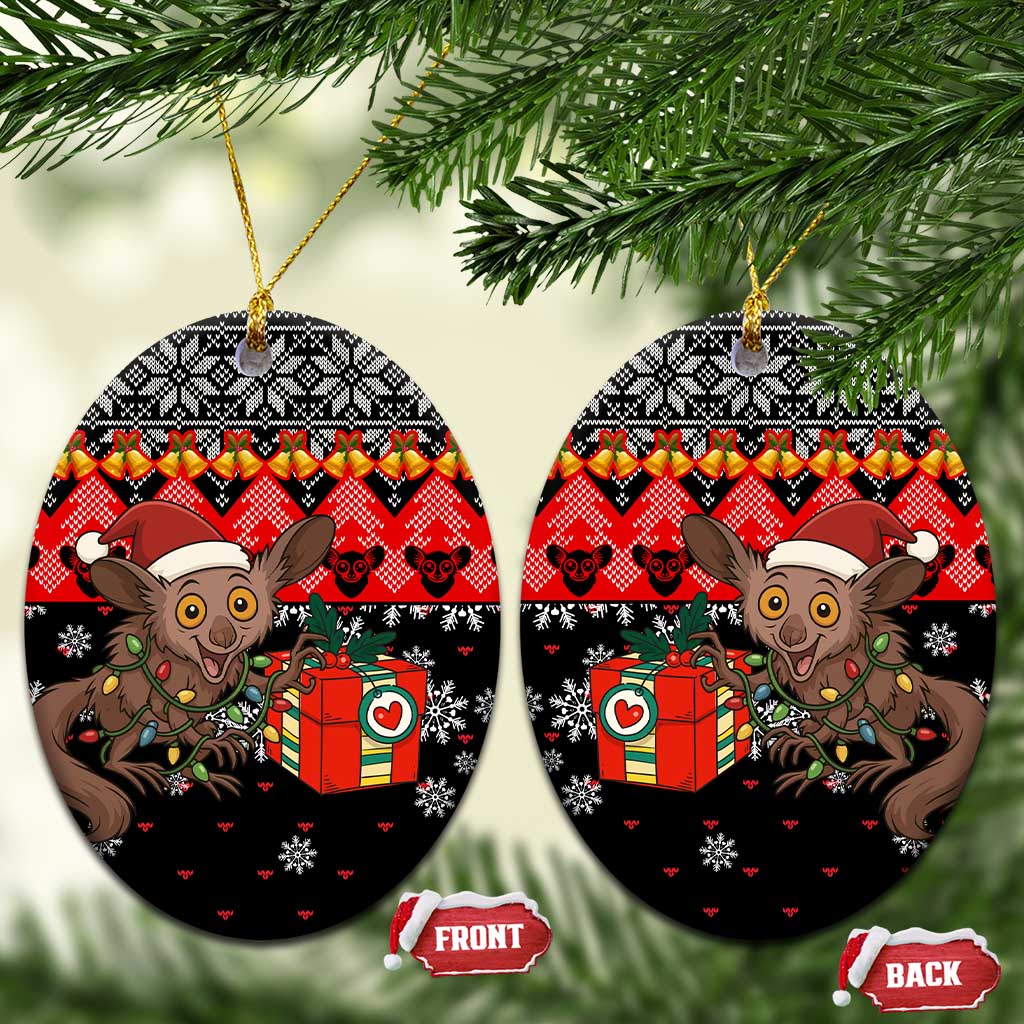 Madagascar Christmas Ceramic Ornament with Aye Aye Lemur Santa Hat Holiday Lights and Gift Box Pattern - Shopicos