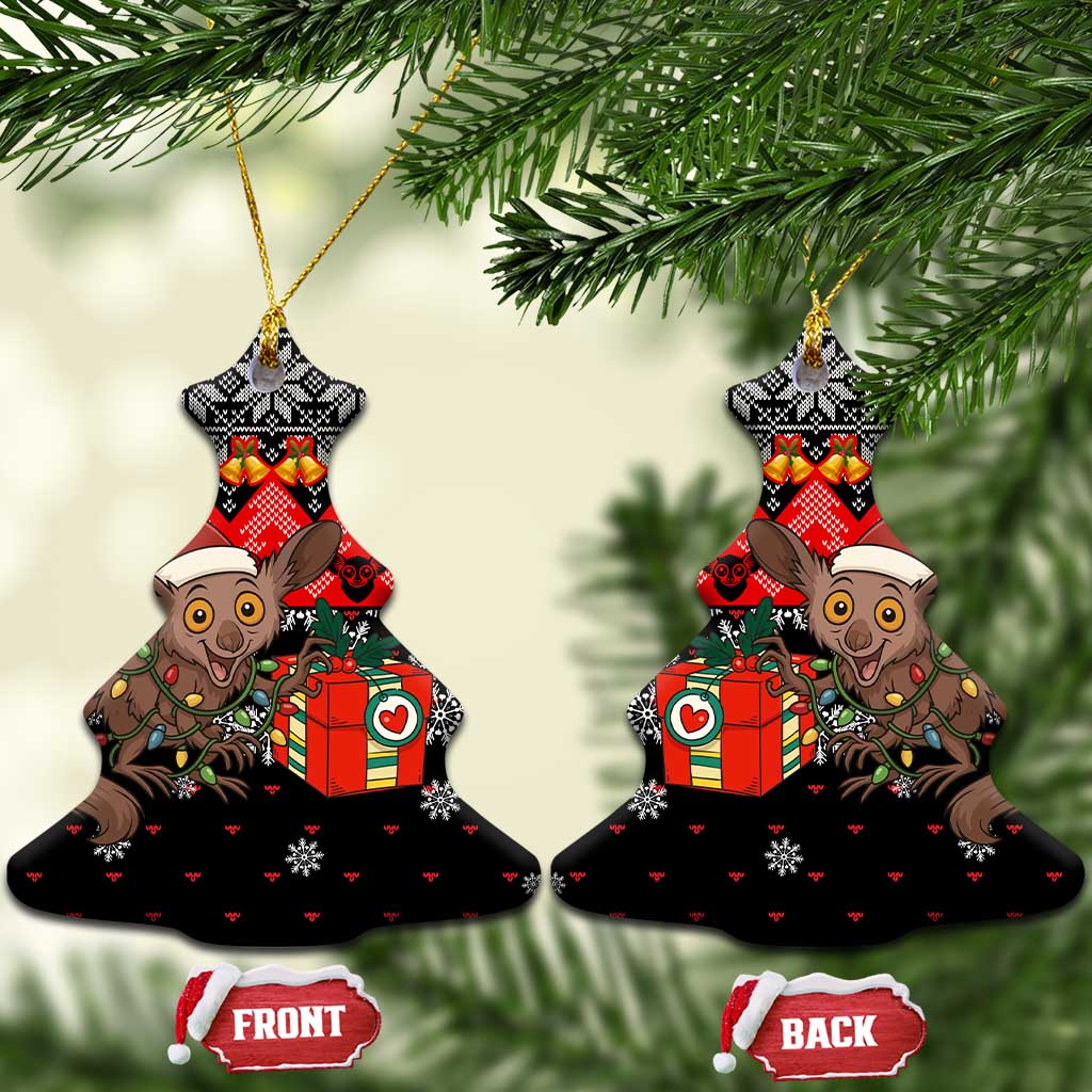 Madagascar Christmas Ceramic Ornament with Aye Aye Lemur Santa Hat Holiday Lights and Gift Box Pattern - Shopicos