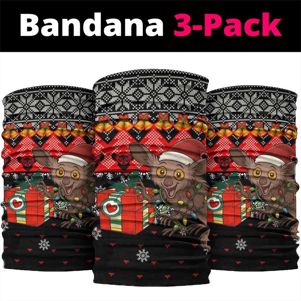 Madagascar Christmas Neck Gaiter with Aye Aye Lemur Santa Hat Holiday Lights and Gift Box Pattern - Shopicos