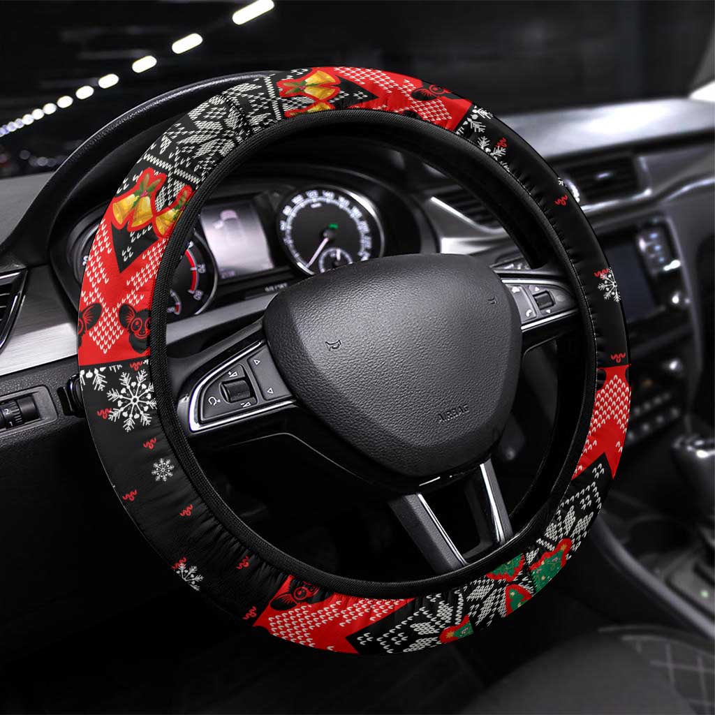 Madagascar Christmas Steering Wheel Cover with Aye Aye Lemur Santa Hat Holiday Lights and Gift Box Pattern - Shopicos