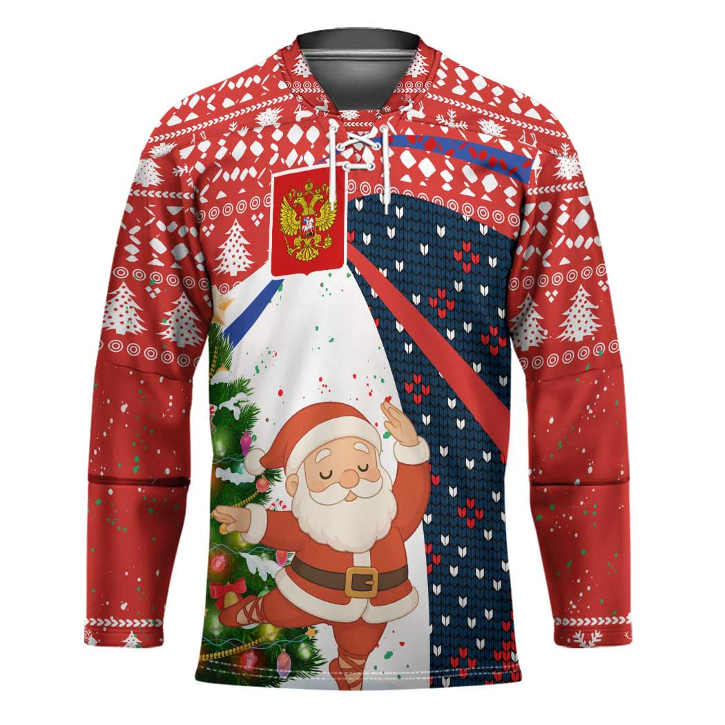 Russia Christmas Hockey Jersey with Dancing Santa Christmas Tree Lights and Red Snowflake - Shopicos