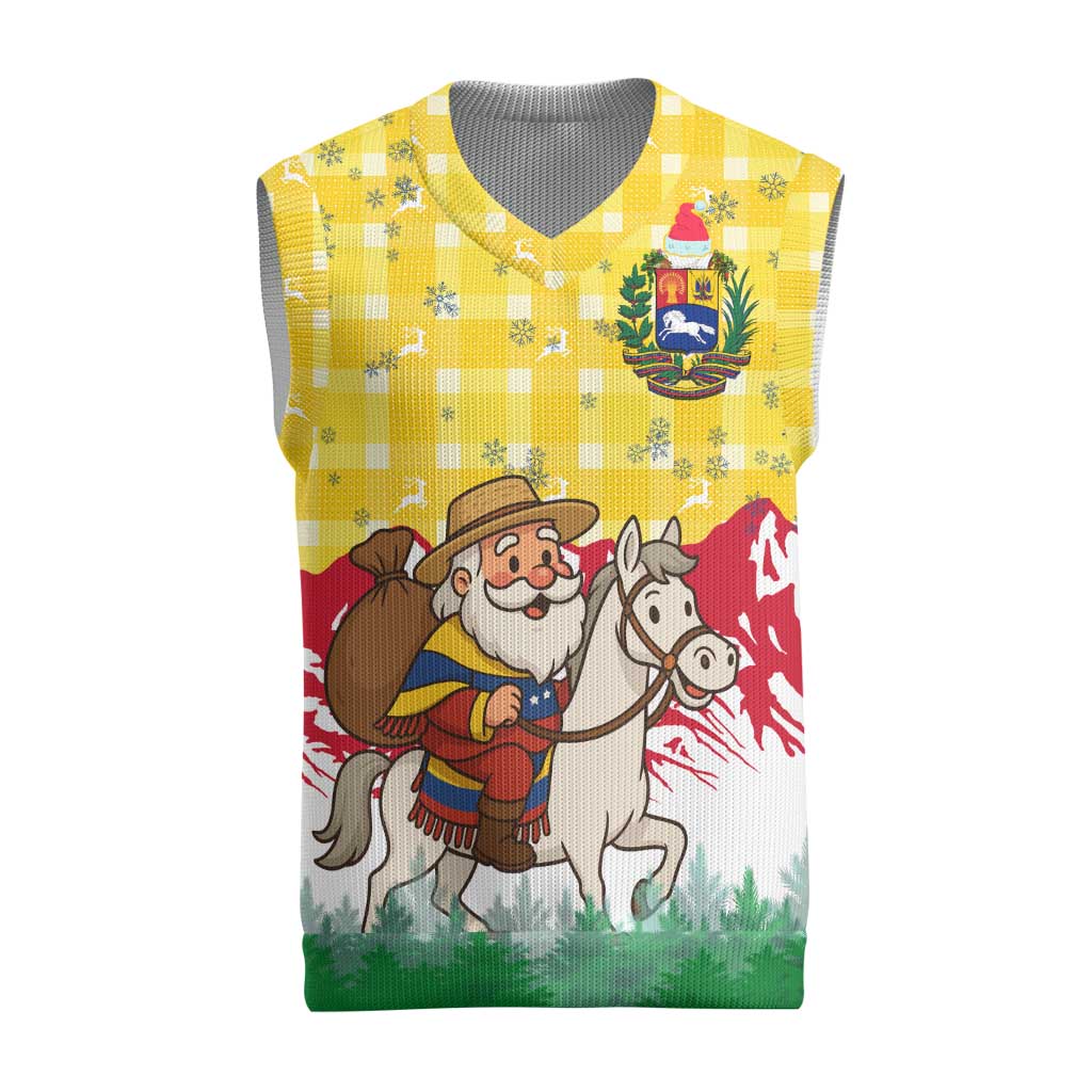 Venezuela Christmas Knitted V-Neck Vest with Santa on Horse Traditional Outfit Snowflakes and Yellow Plaid - Shopicos
