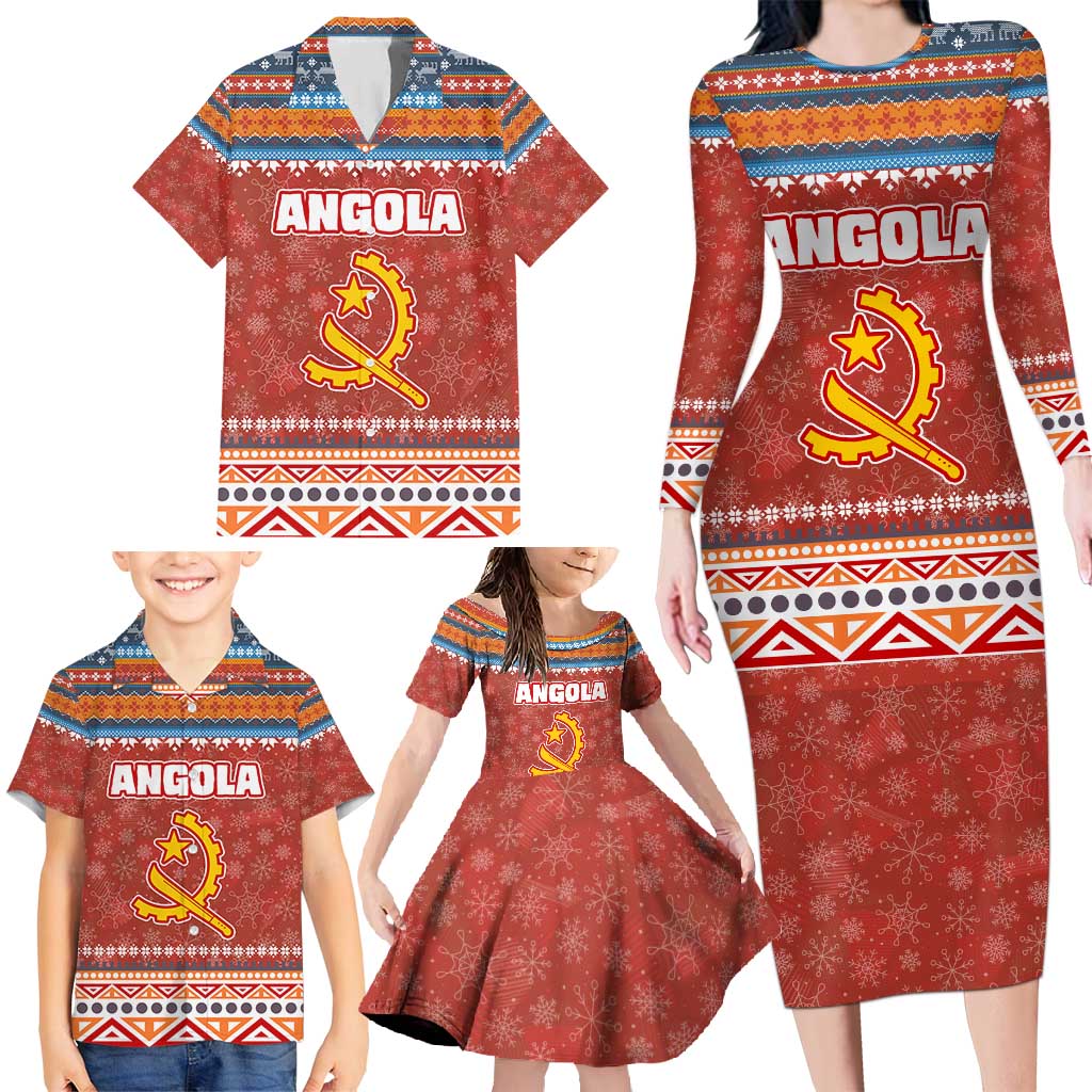 Angola Christmas Family Matching Long Sleeve Bodycon Dress and Hawaiian Shirt with Red Snowflake Pattern Tribal Santa Claus Motif - Shopicos