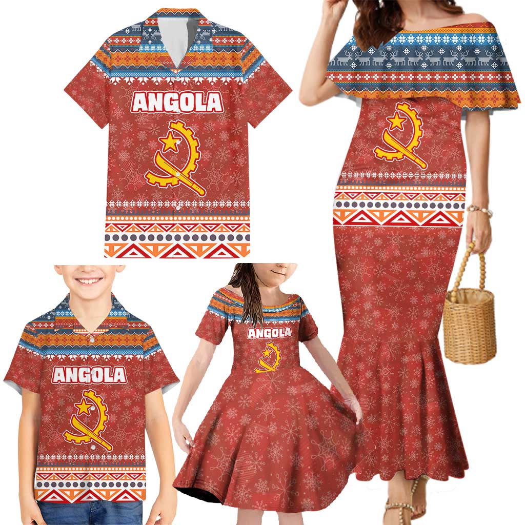 Angola Christmas Family Matching Mermaid Dress and Hawaiian Shirt with Red Snowflake Pattern Tribal Santa Claus Motif - Shopicos