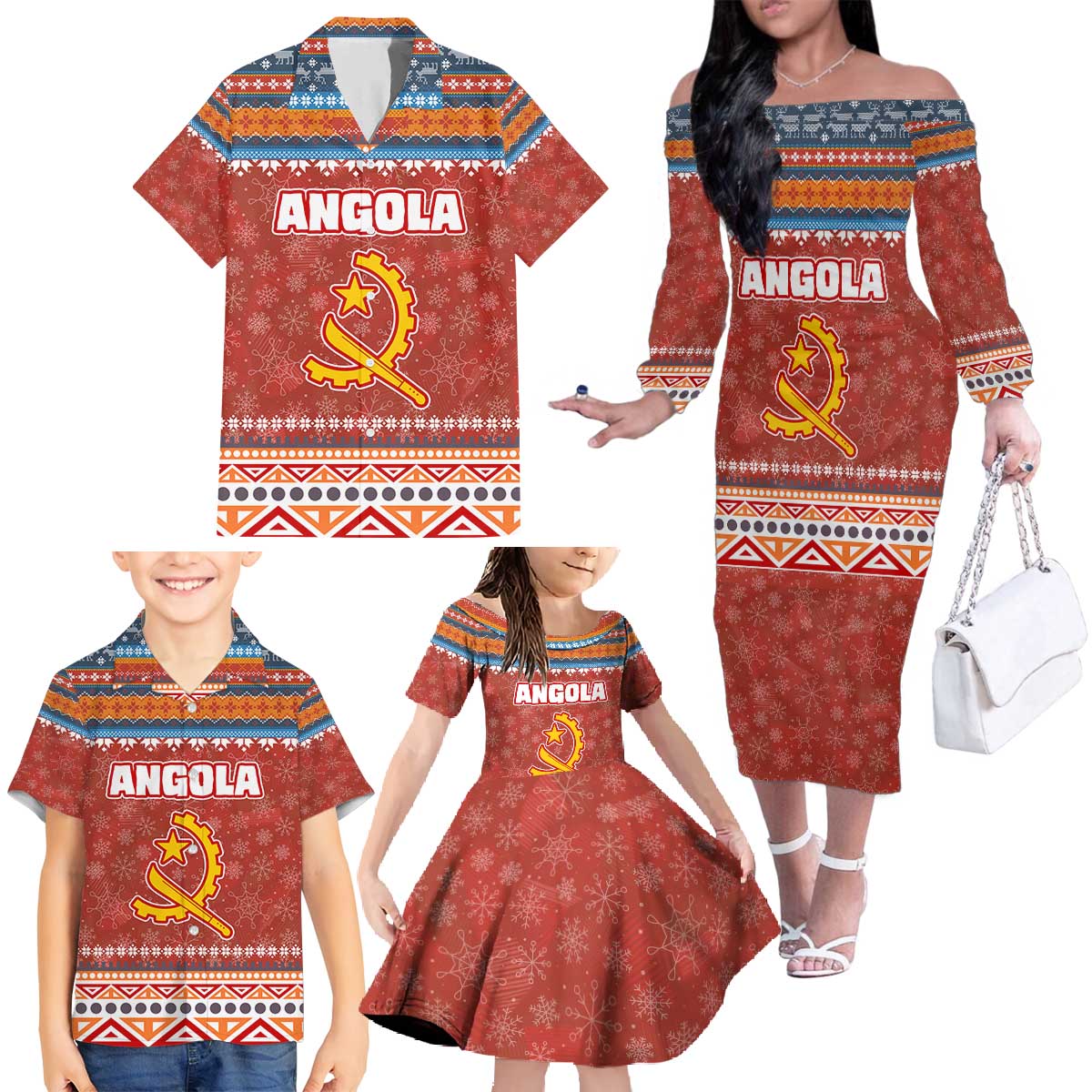 Angola Christmas Family Matching Off The Shoulder Long Sleeve Dress and Hawaiian Shirt with Red Snowflake Pattern Tribal Santa Claus Motif - Shopicos