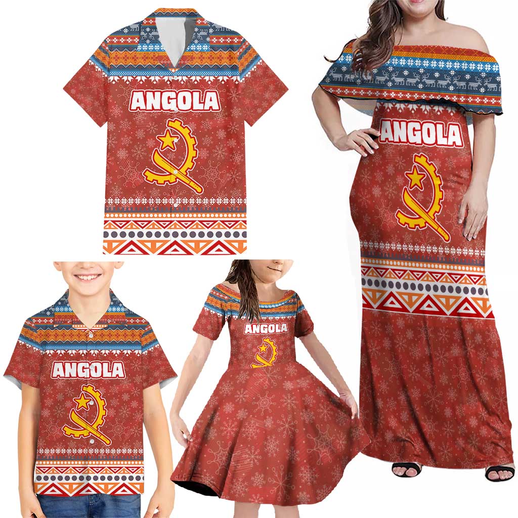 Angola Christmas Family Matching Off Shoulder Maxi Dress and Hawaiian Shirt with Red Snowflake Pattern Tribal Santa Claus Motif - Shopicos