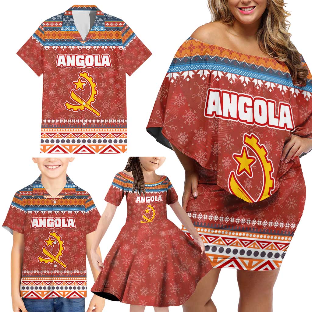 Angola Christmas Family Matching Off Shoulder Short Dress and Hawaiian Shirt with Red Snowflake Pattern Tribal Santa Claus Motif - Shopicos