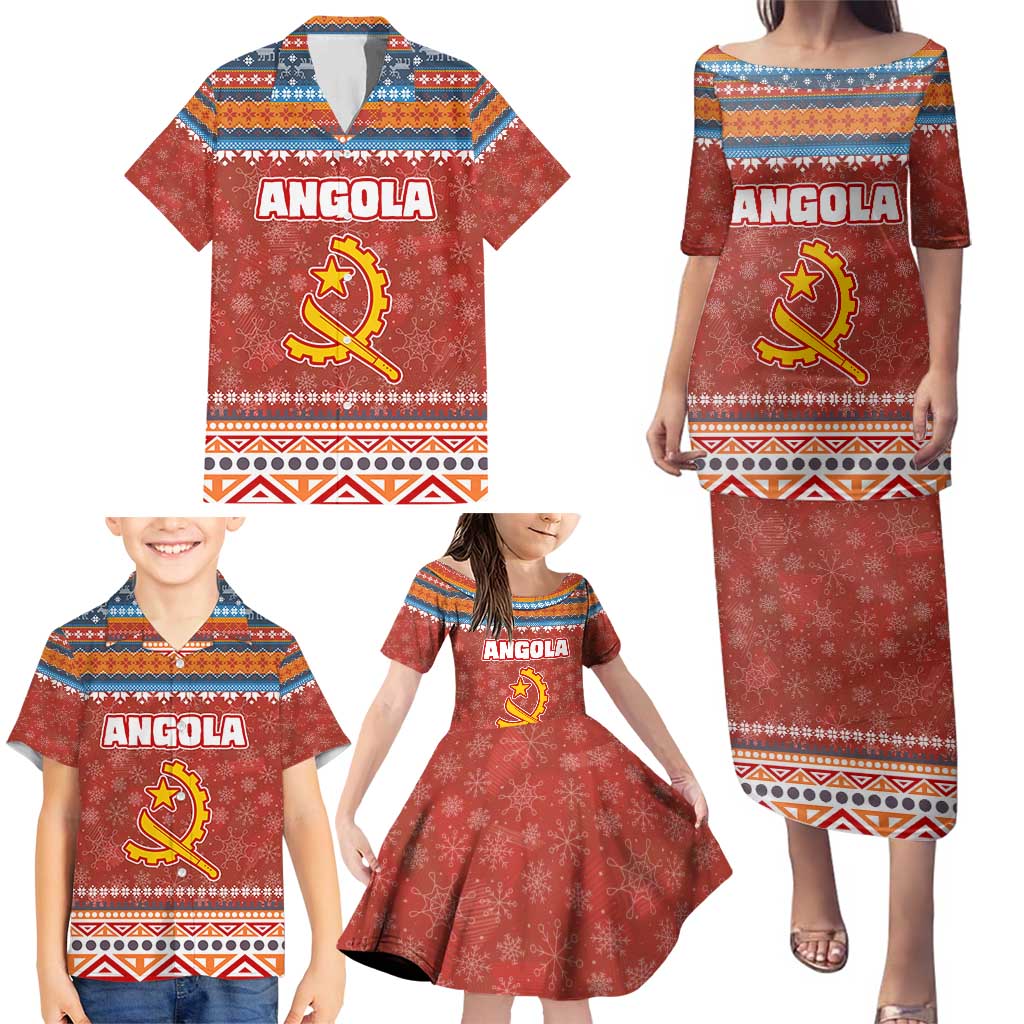 Angola Christmas Family Matching Puletasi and Hawaiian Shirt with Red Snowflake Pattern Tribal Santa Claus Motif - Shopicos