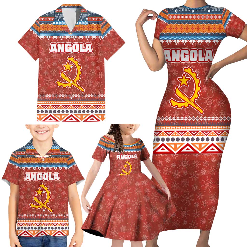 Angola Christmas Family Matching Short Sleeve Bodycon Dress and Hawaiian Shirt with Red Snowflake Pattern Tribal Santa Claus Motif - Shopicos