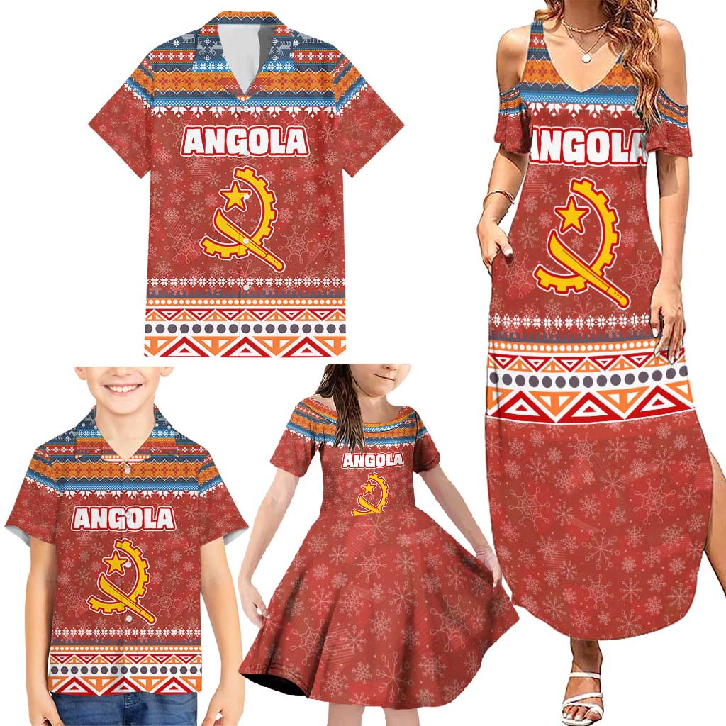 Angola Christmas Family Matching Summer Maxi Dress and Hawaiian Shirt with Red Snowflake Pattern Tribal Santa Claus Motif - Shopicos