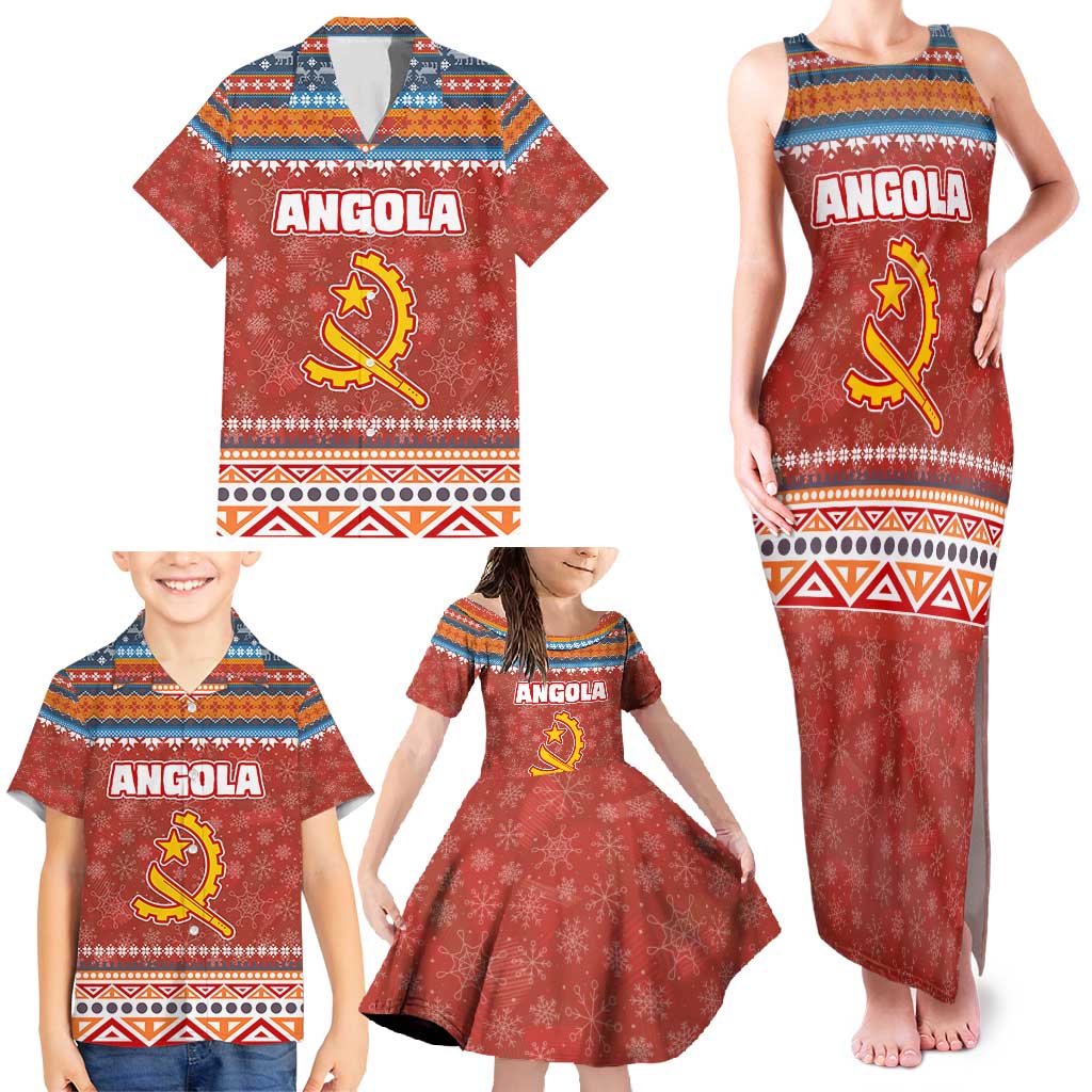 Angola Christmas Family Matching Tank Maxi Dress and Hawaiian Shirt with Red Snowflake Pattern Tribal Santa Claus Motif - Shopicos