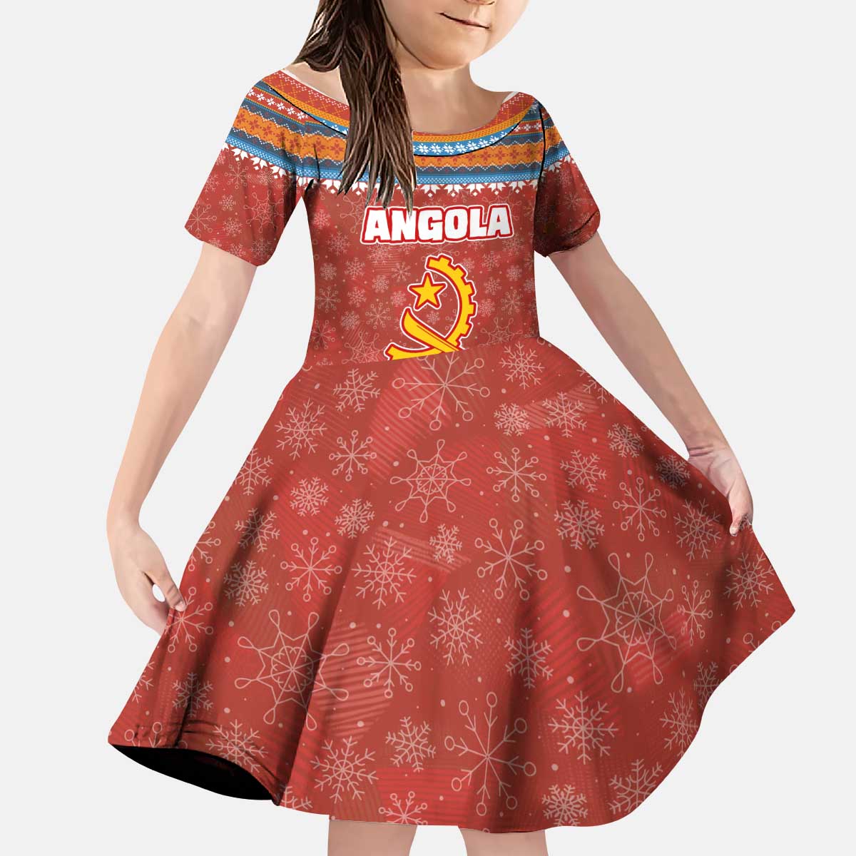 Angola Christmas Kid Short Sleeve Dress with Red Snowflake Pattern Tribal Santa Claus Motif - Shopicos
