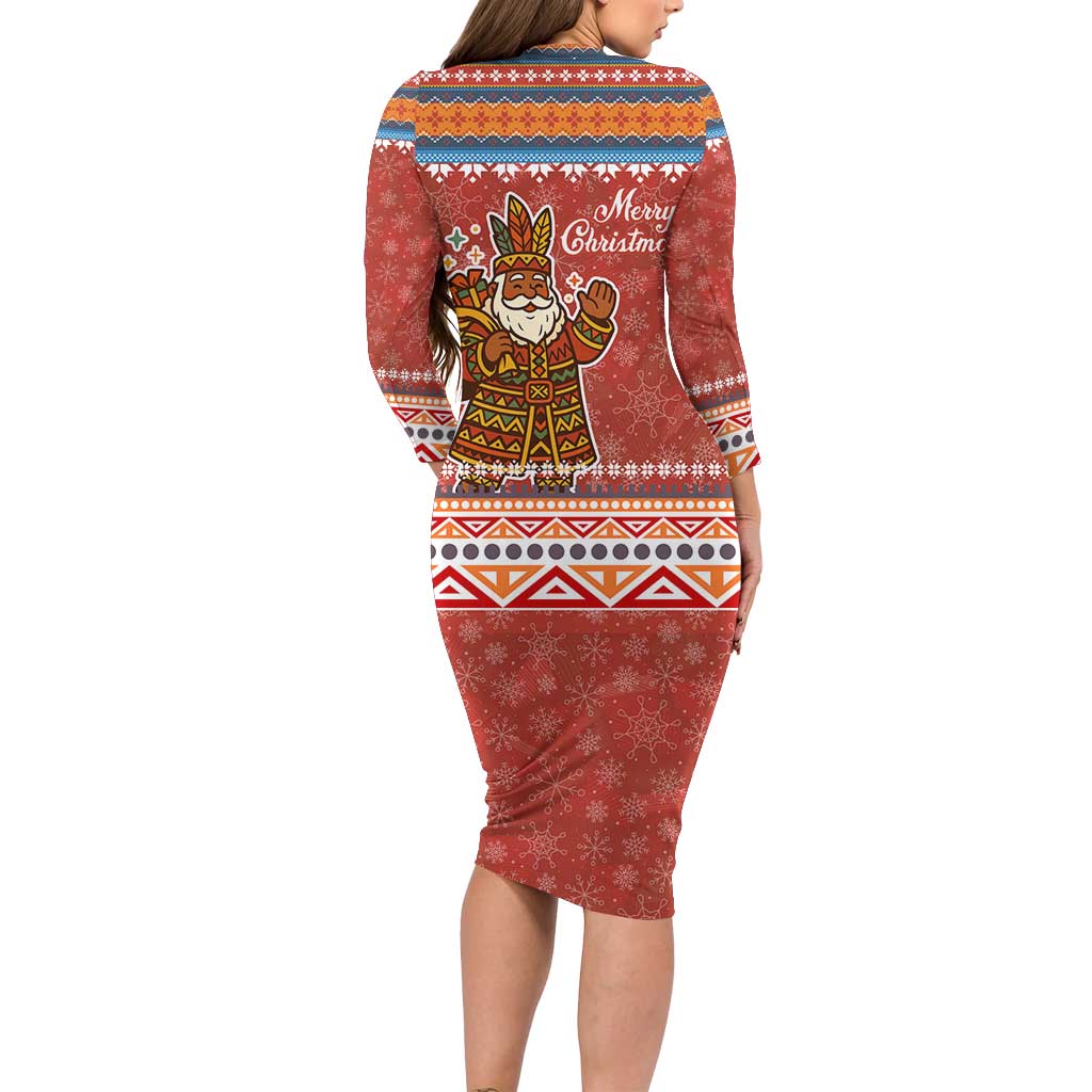 Angola Christmas Long Sleeve Bodycon Dress with Red Snowflake Pattern Tribal Santa Claus Motif - Shopicos