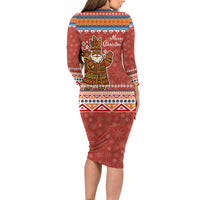 Angola Christmas Long Sleeve Bodycon Dress with Red Snowflake Pattern Tribal Santa Claus Motif - Shopicos