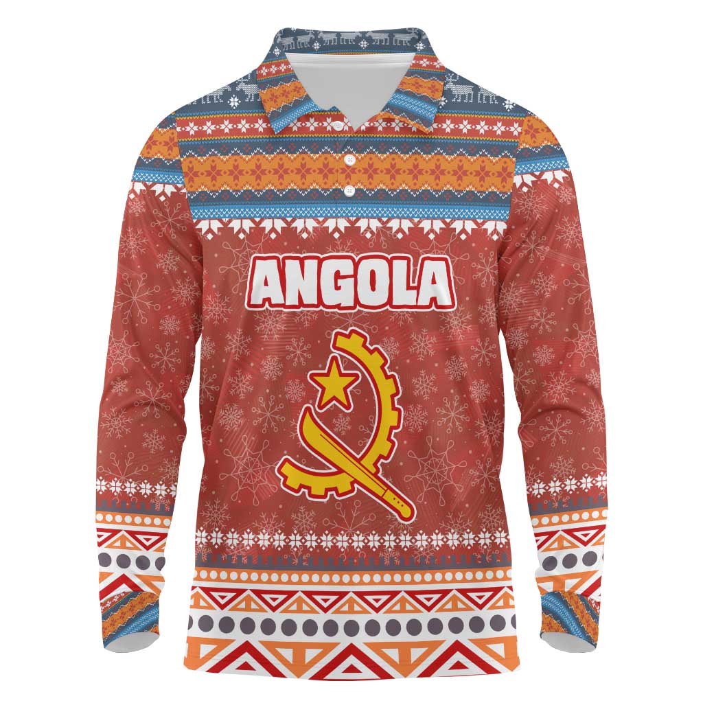 Angola Christmas Long Sleeve Polo Shirt with Red Snowflake Pattern Tribal Santa Claus Motif - Shopicos
