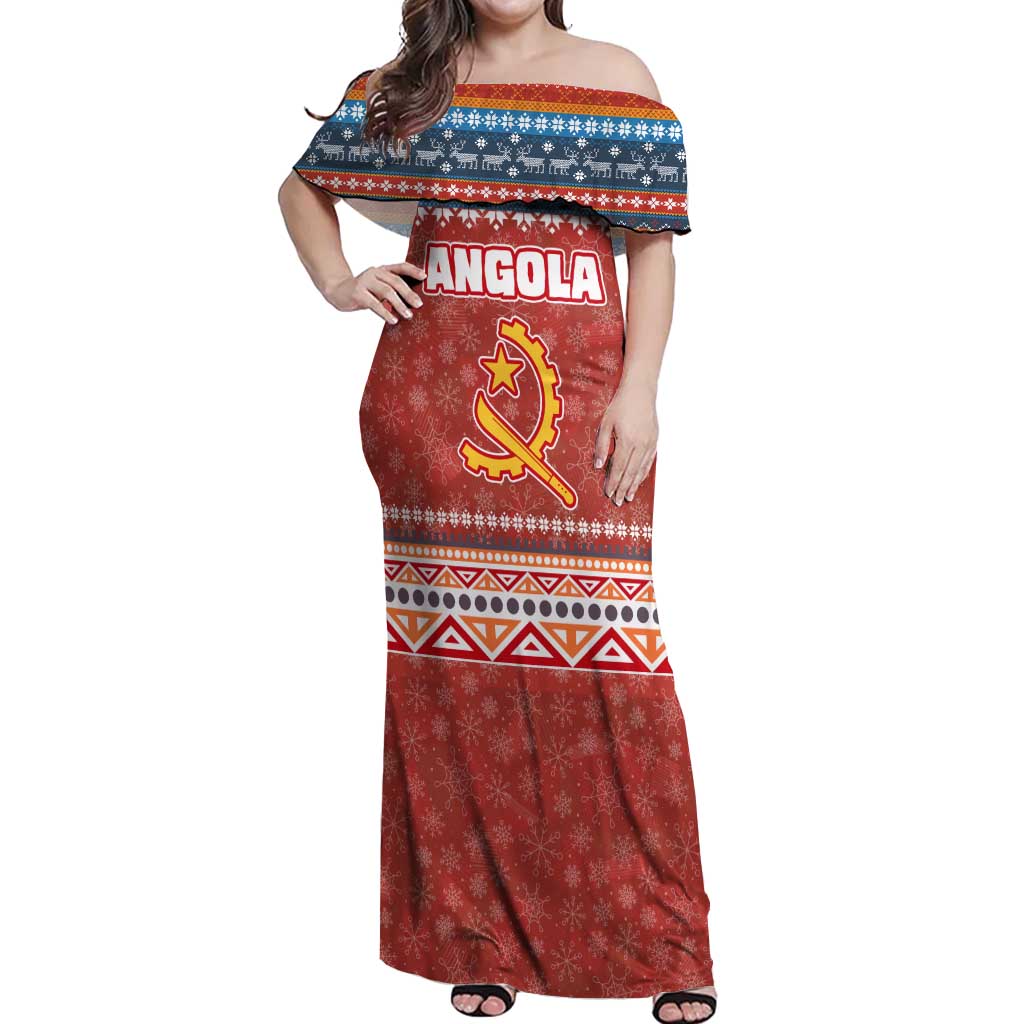 Angola Christmas Off Shoulder Maxi Dress with Red Snowflake Pattern Tribal Santa Claus Motif - Shopicos