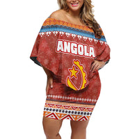 Angola Christmas Off Shoulder Short Dress with Red Snowflake Pattern Tribal Santa Claus Motif - Shopicos