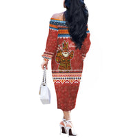 Angola Christmas Off The Shoulder Long Sleeve Dress with Red Snowflake Pattern Tribal Santa Claus Motif - Shopicos