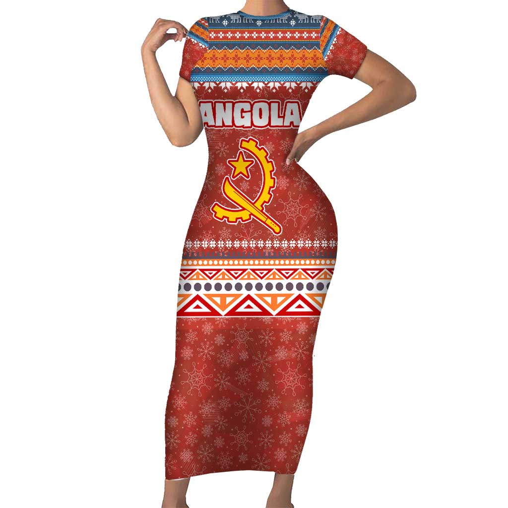 Angola Christmas Short Sleeve Bodycon Dress with Red Snowflake Pattern Tribal Santa Claus Motif - Shopicos