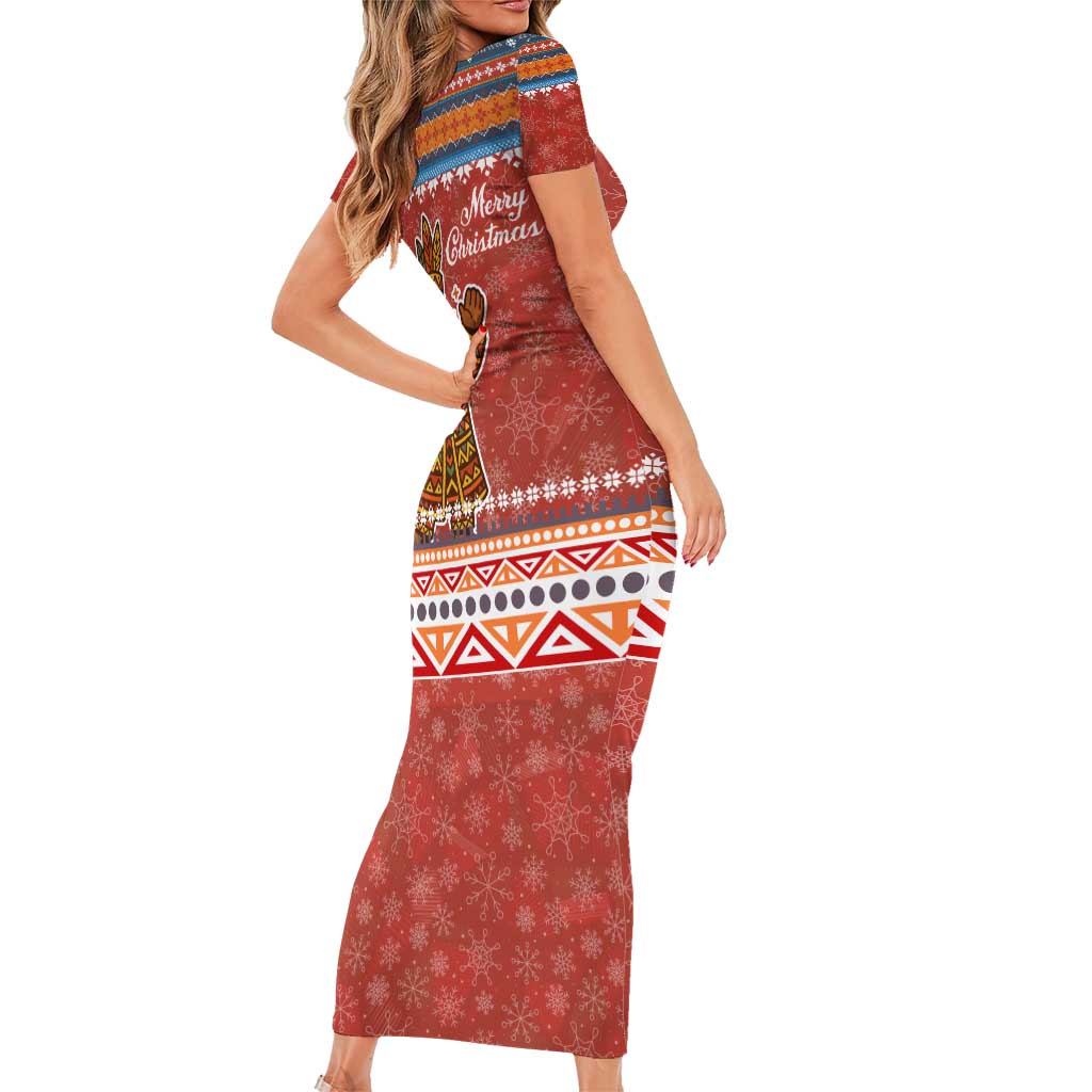 Angola Christmas Short Sleeve Bodycon Dress with Red Snowflake Pattern Tribal Santa Claus Motif - Shopicos