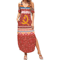 Angola Christmas Summer Maxi Dress with Red Snowflake Pattern Tribal Santa Claus Motif - Shopicos