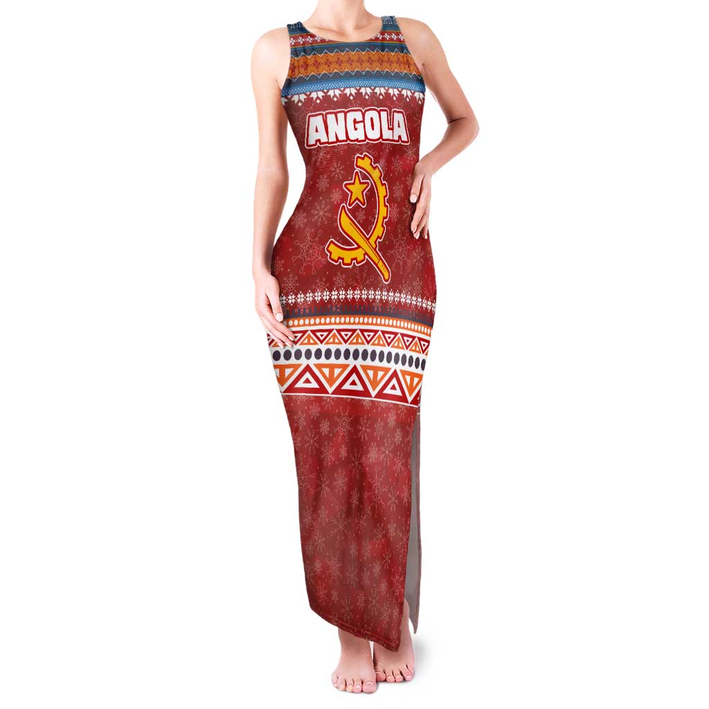 Angola Christmas Tank Maxi Dress with Red Snowflake Pattern Tribal Santa Claus Motif - Shopicos