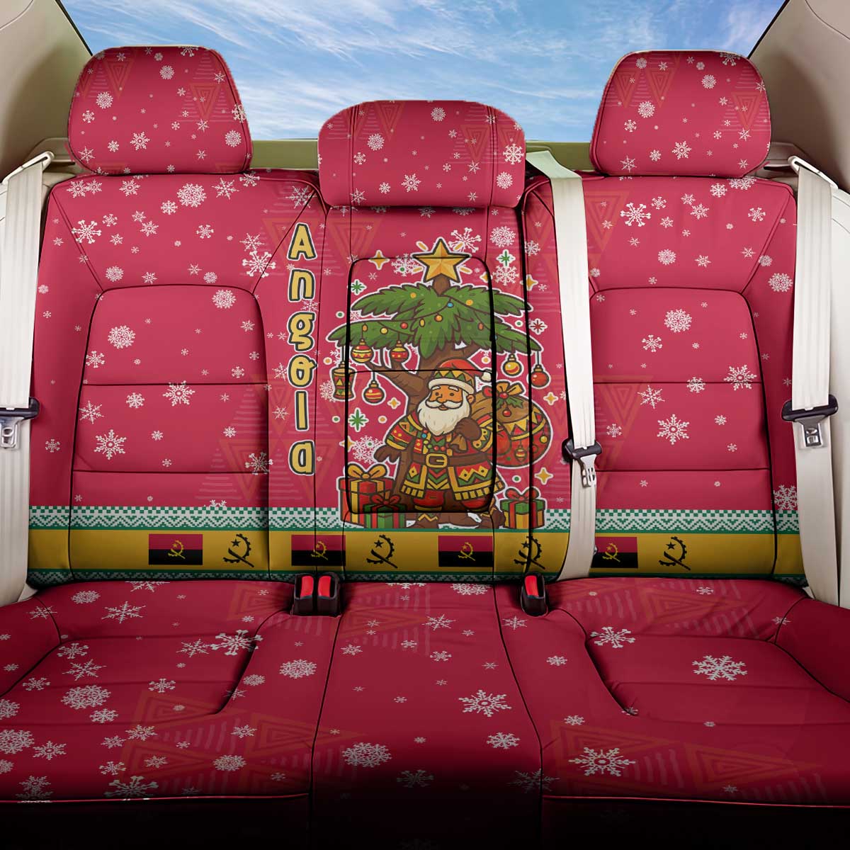 Angola Christmas Back Car Seat Cover with Santa, Gifts, and National Flag Map Motif - Shopicos