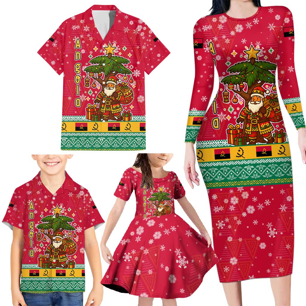 Angola Christmas Family Matching Long Sleeve Bodycon Dress and Hawaiian Shirt with Santa, Gifts, and National Flag Map Motif - Shopicos