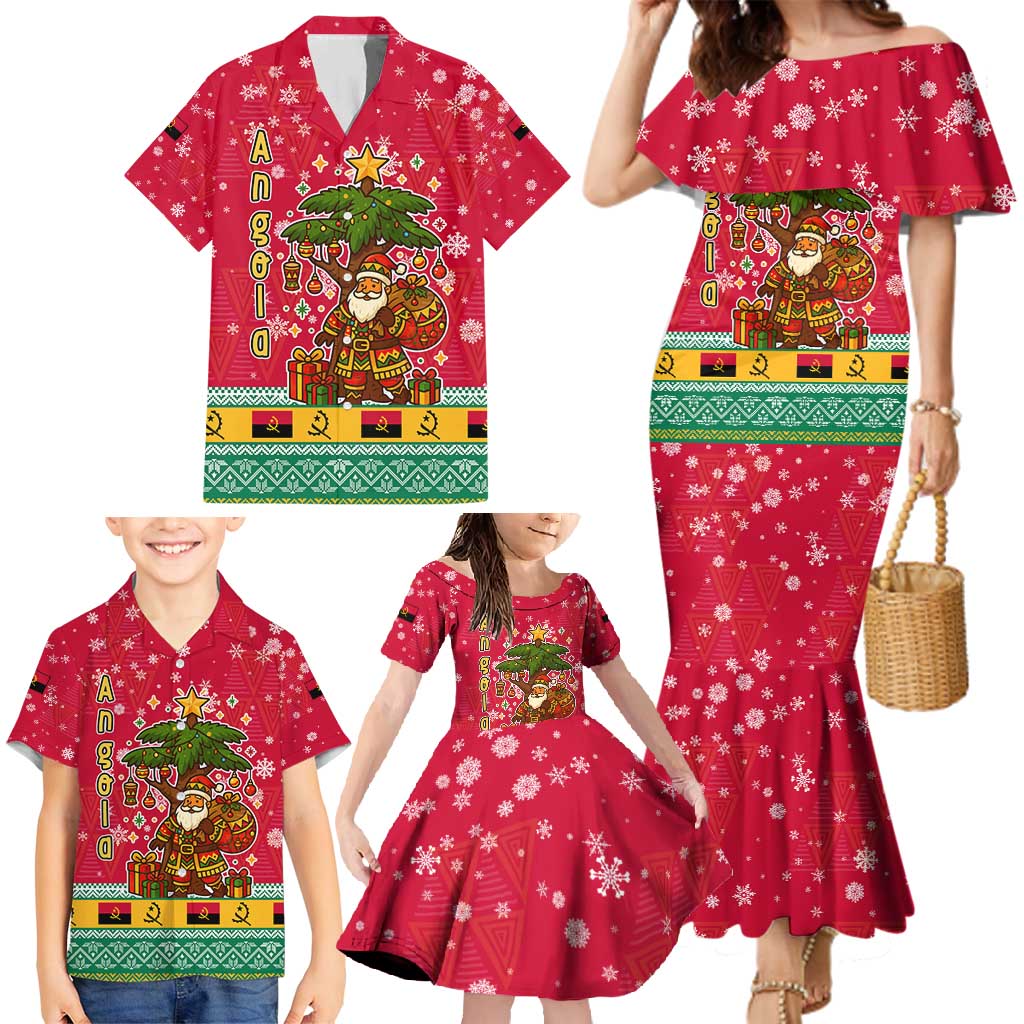 Angola Christmas Family Matching Mermaid Dress and Hawaiian Shirt with Santa, Gifts, and National Flag Map Motif - Shopicos