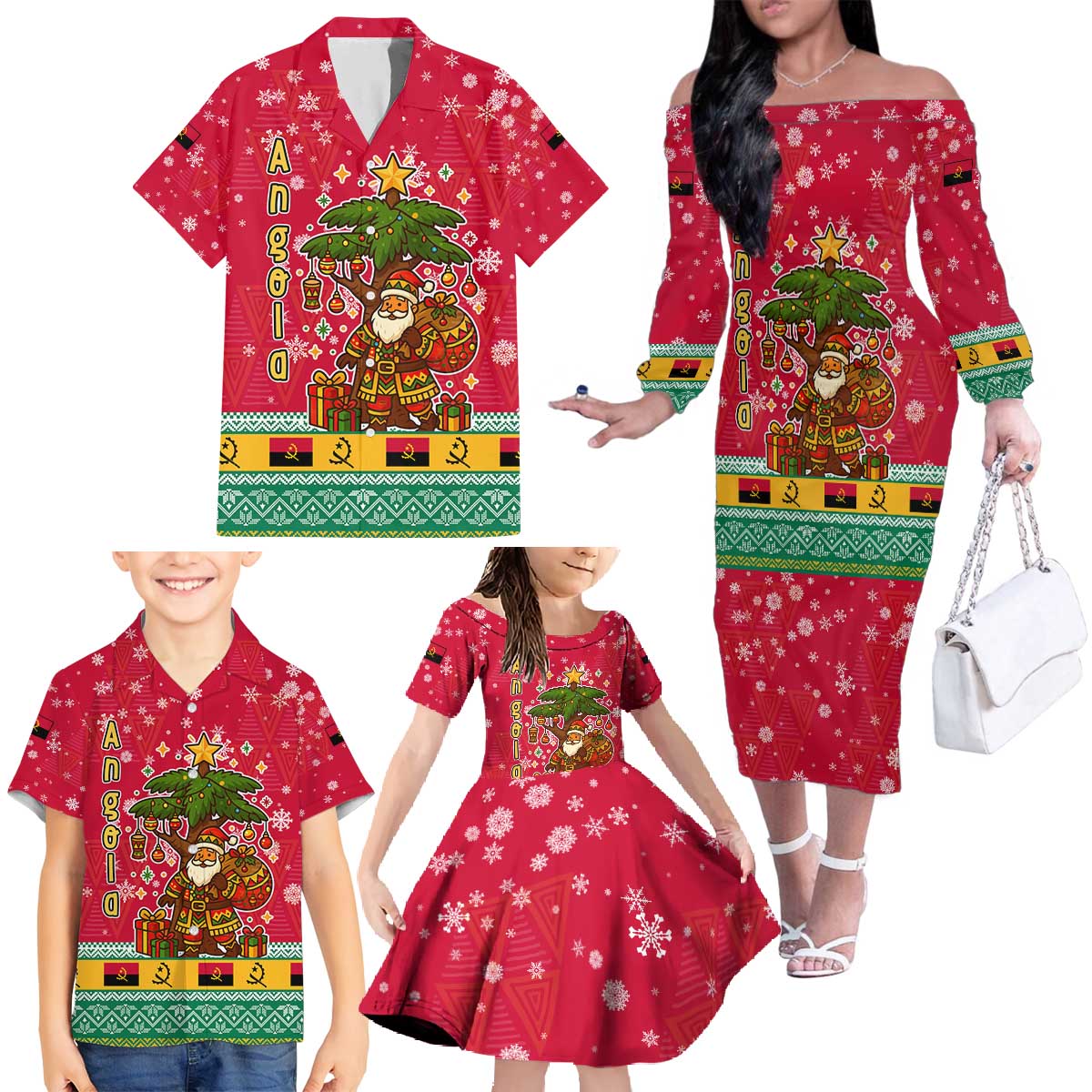 Angola Christmas Family Matching Off The Shoulder Long Sleeve Dress and Hawaiian Shirt with Santa, Gifts, and National Flag Map Motif - Shopicos